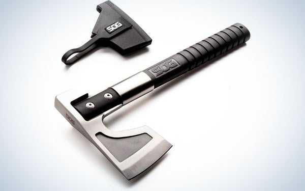 A medium ax which has a black tail and a silver head as well as a thick black cover next to the ax.