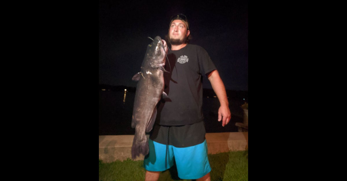 man in black shirt and blue shorts holds large catfish vertically