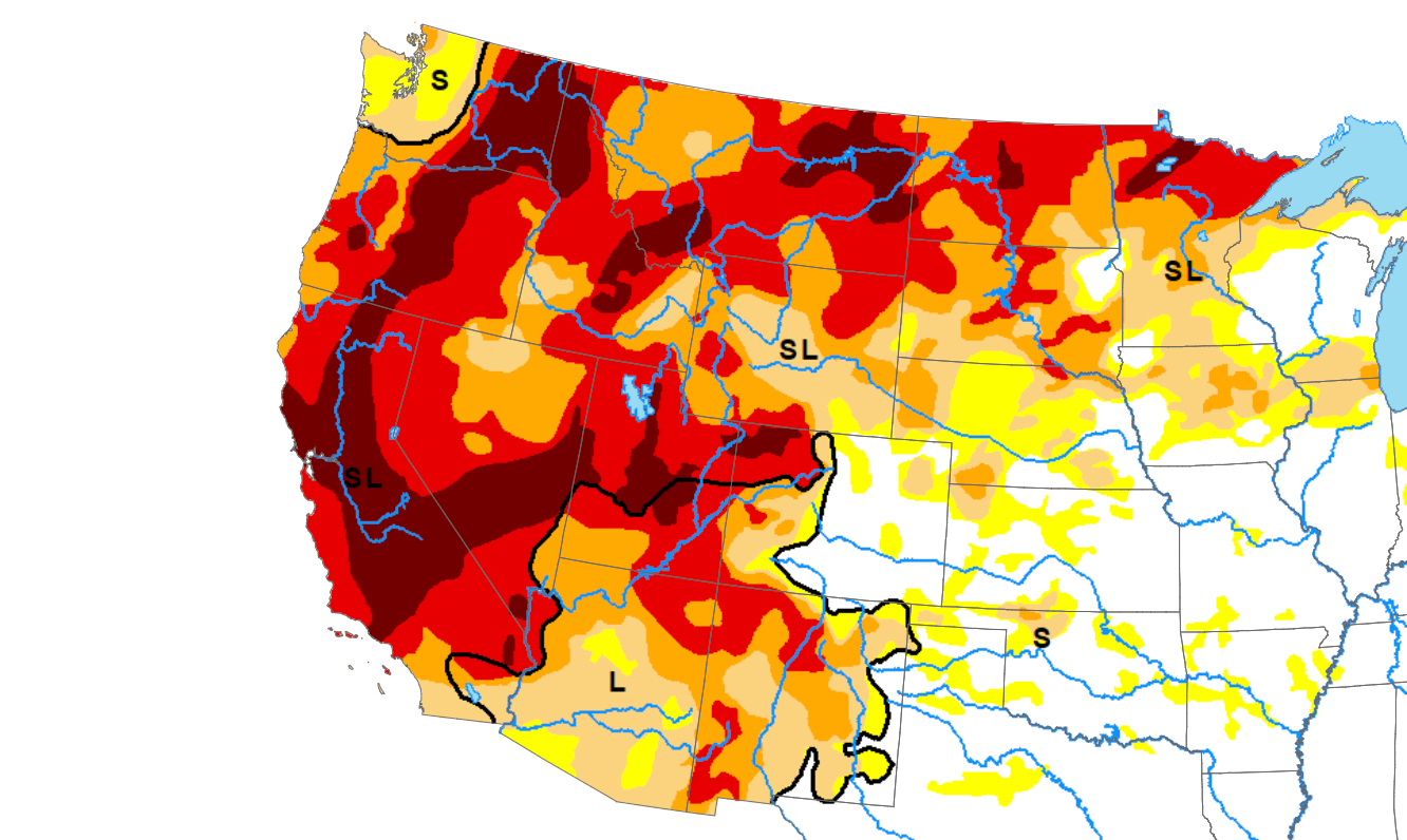 A map of the western U.S. showing large swatches of red and orange level drought conditions