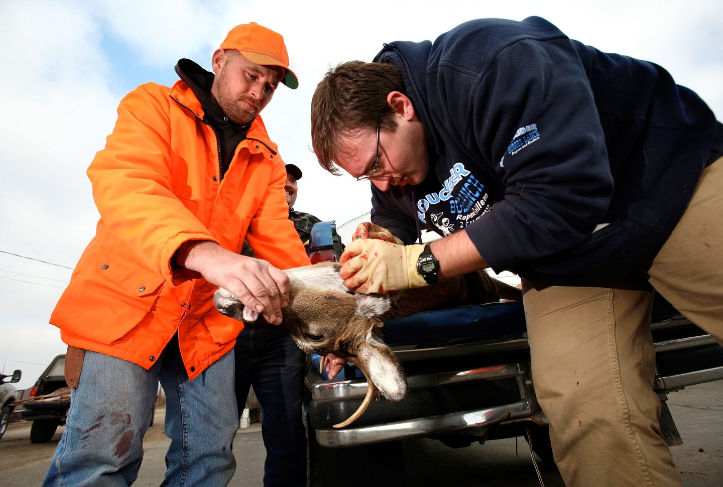 A hunter and state official remove samples from a deer head to check for CWD