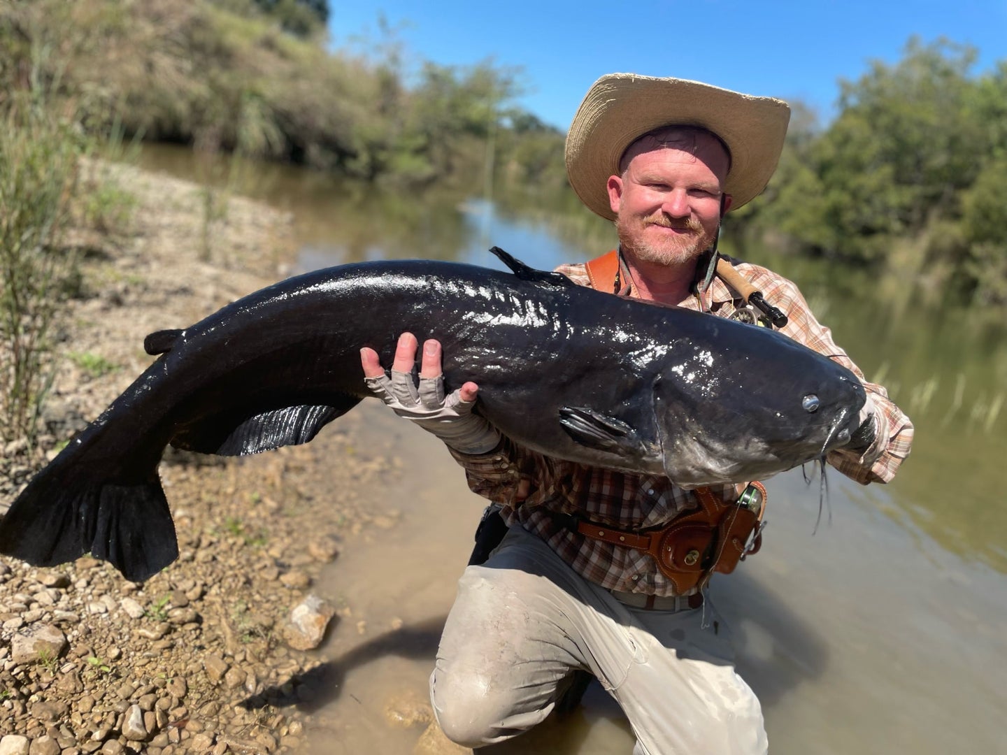 man wearing cowboy holds dark colored catfish for picture