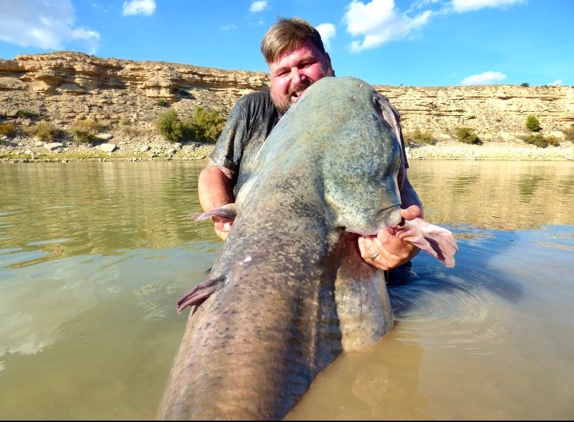 man holds large head of fish in river