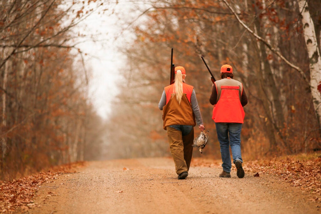 Two grouse hunters walking down the road.