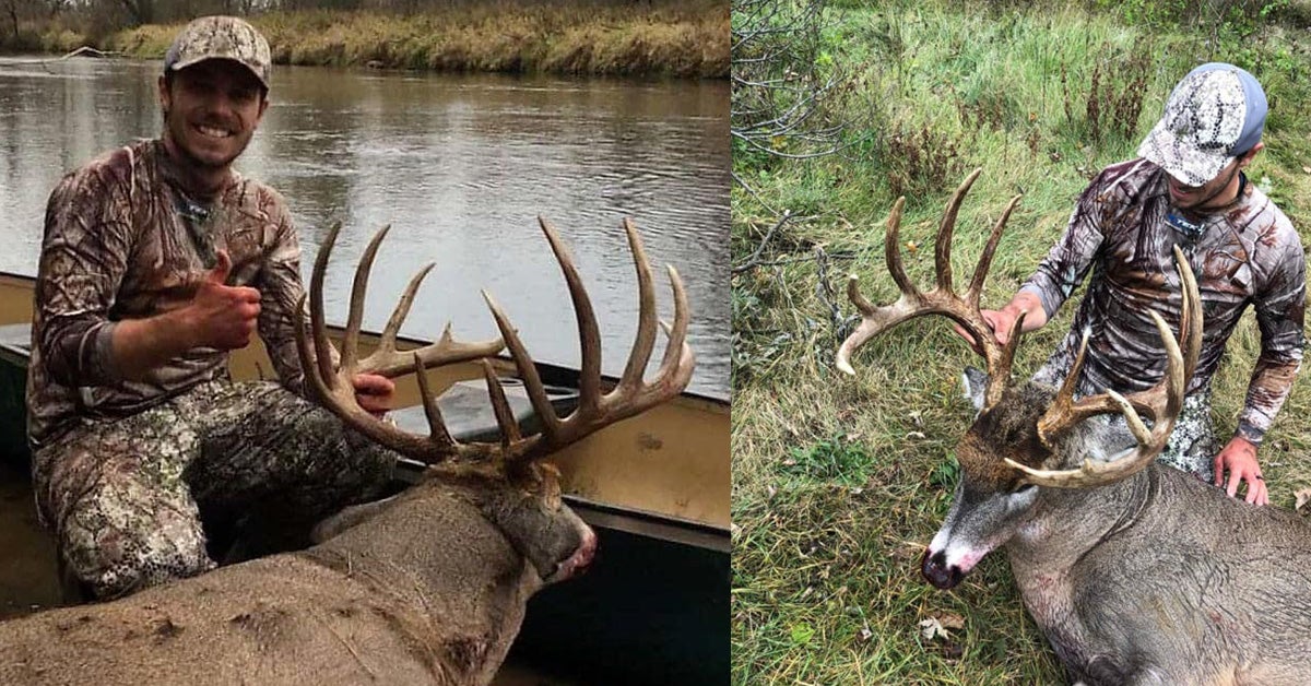 two photos of a dead deer with large typical rack