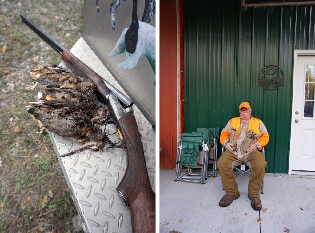 Shotgun next to three dead woodcock and an hunter dressed in orange sitting on a porch.