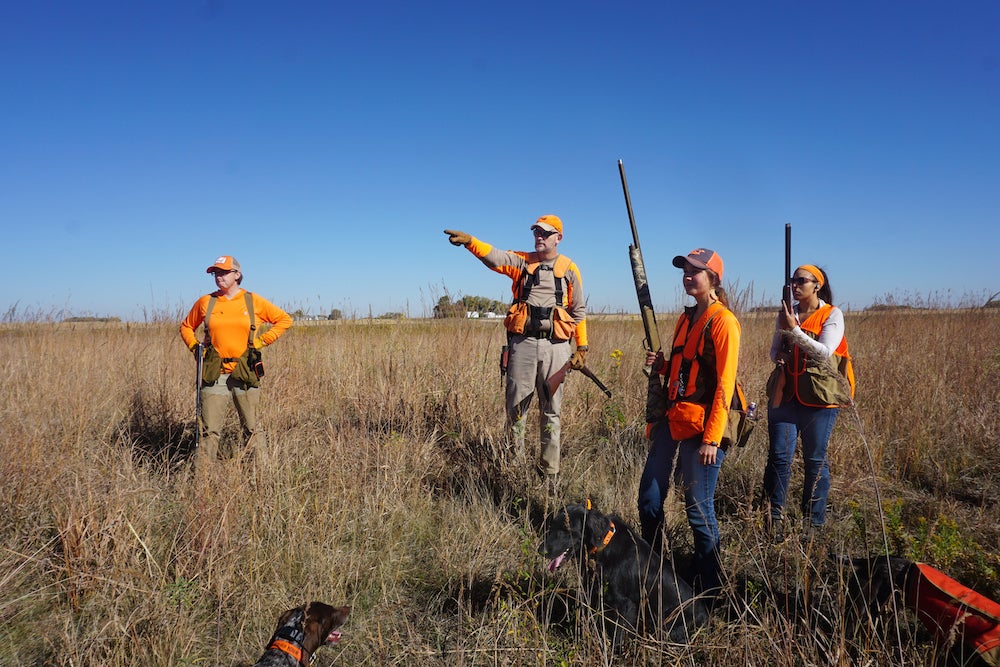 Four pheasant hunters standing in a field with one pointing to a spot on the landscape.