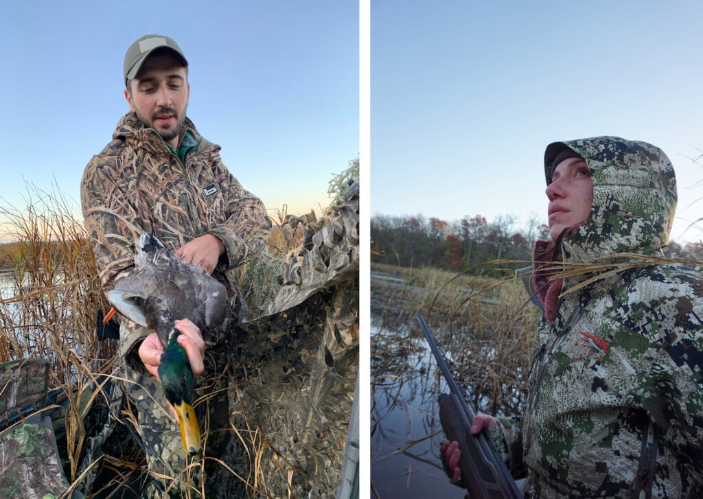 The author (left) with a drake mallard, and his wife, Eva (right) looking to the sky for ducks. 
