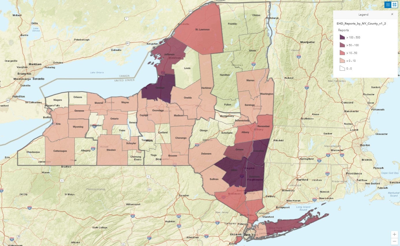 map of New York state depicting ehd outbreak with most severe outbreaks occurring in southeast and northern counties