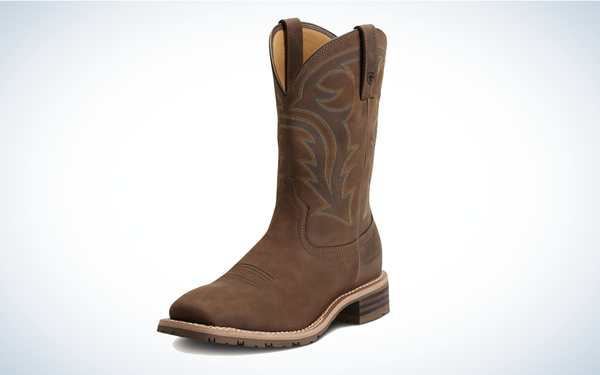 Ariat Hybrid Rancher Waterproof Western Boot on gray and white background