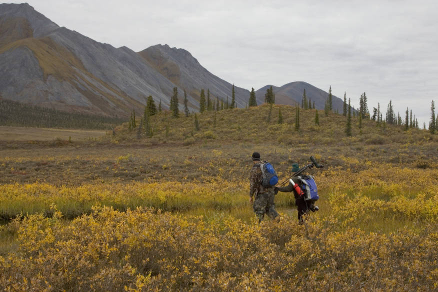 two hunters walk across tundra