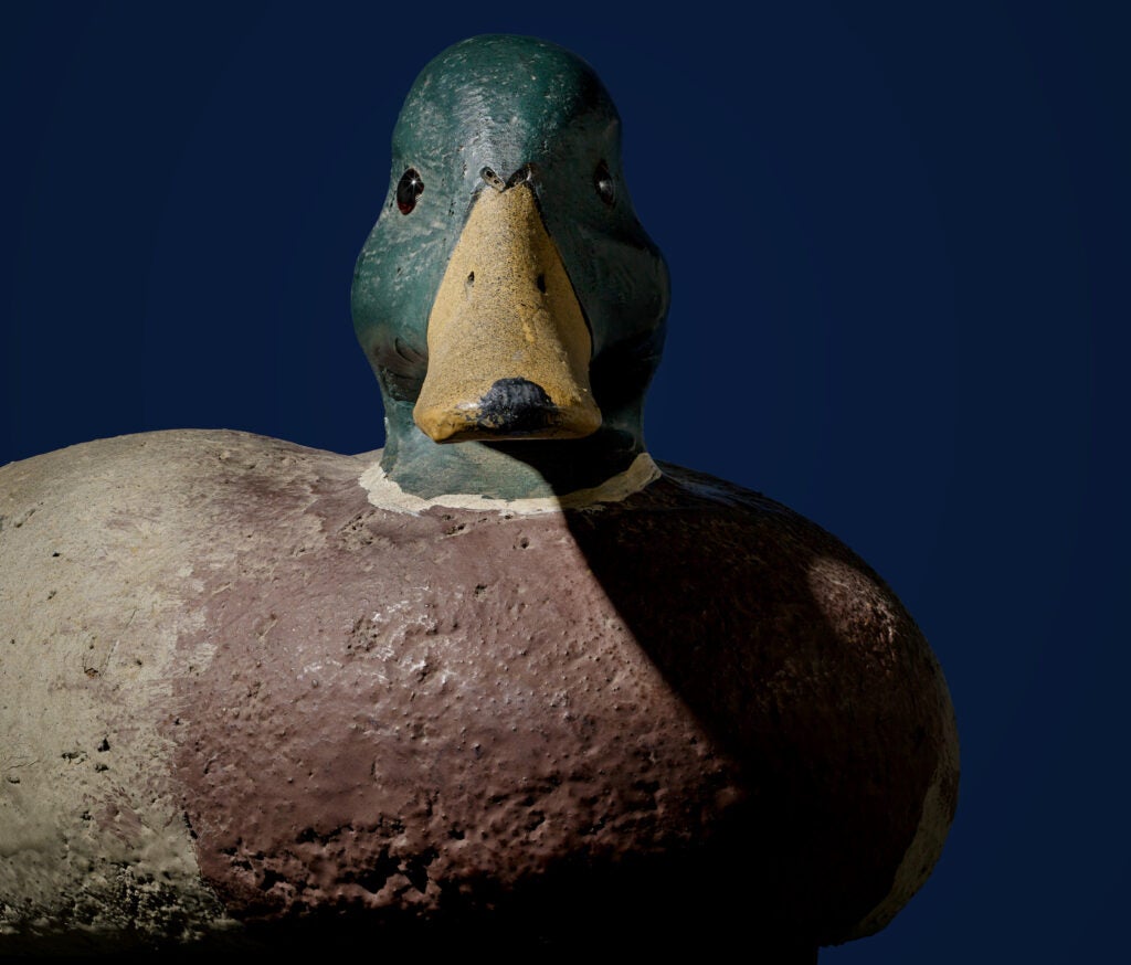 a photo of a handcarved duck decoy