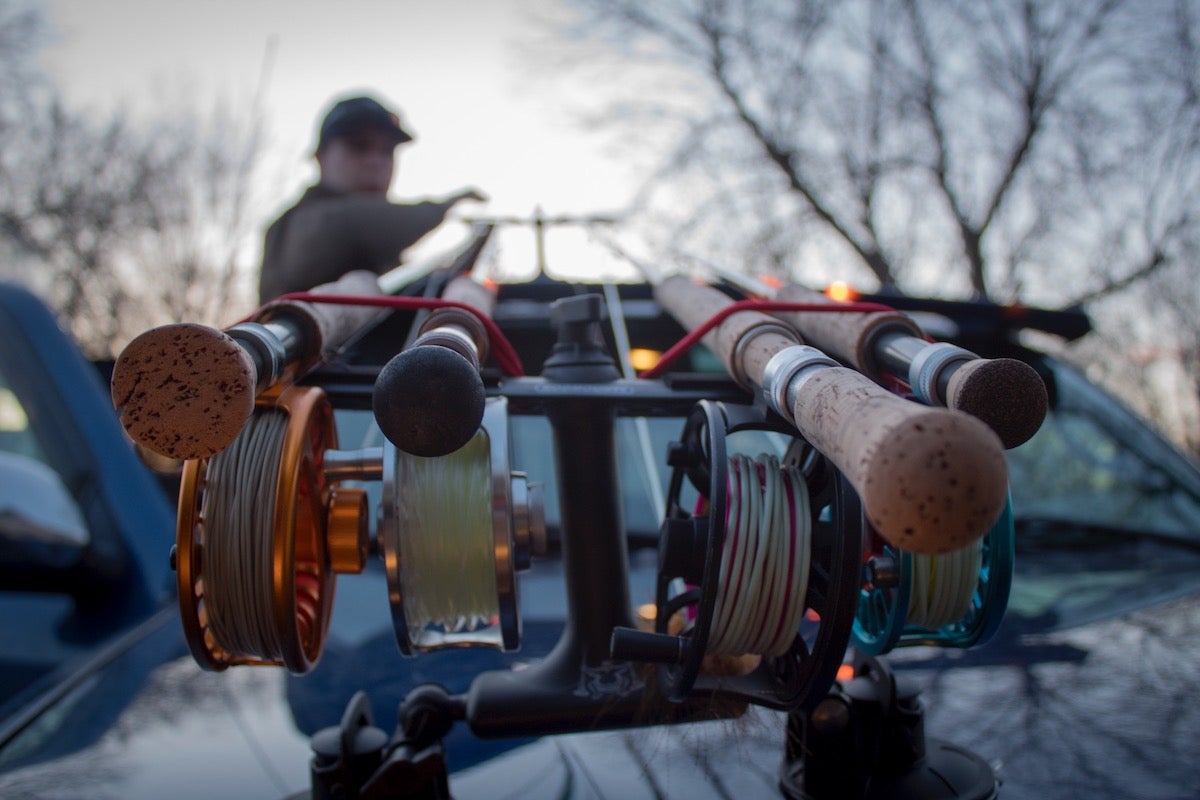 Trout reels lined up on truck bed tailgate