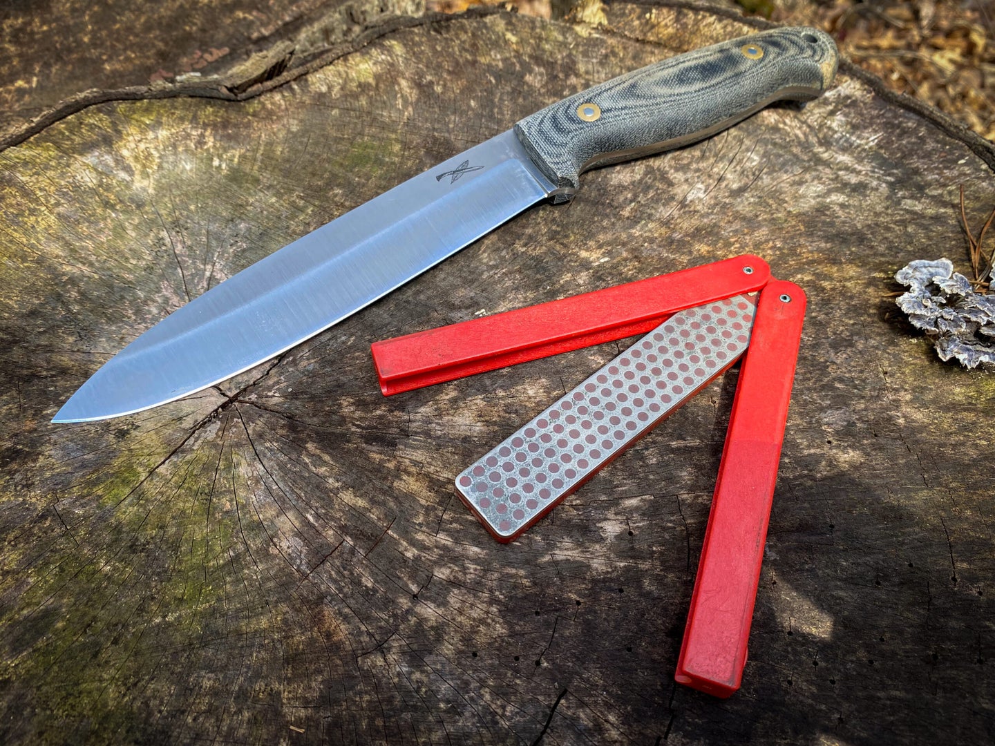 A sharpened knife with a packable diamond sharpener