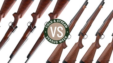 Remington Model 700 and Winchester model 70 on a white background with Field & Stream vs. week logo.