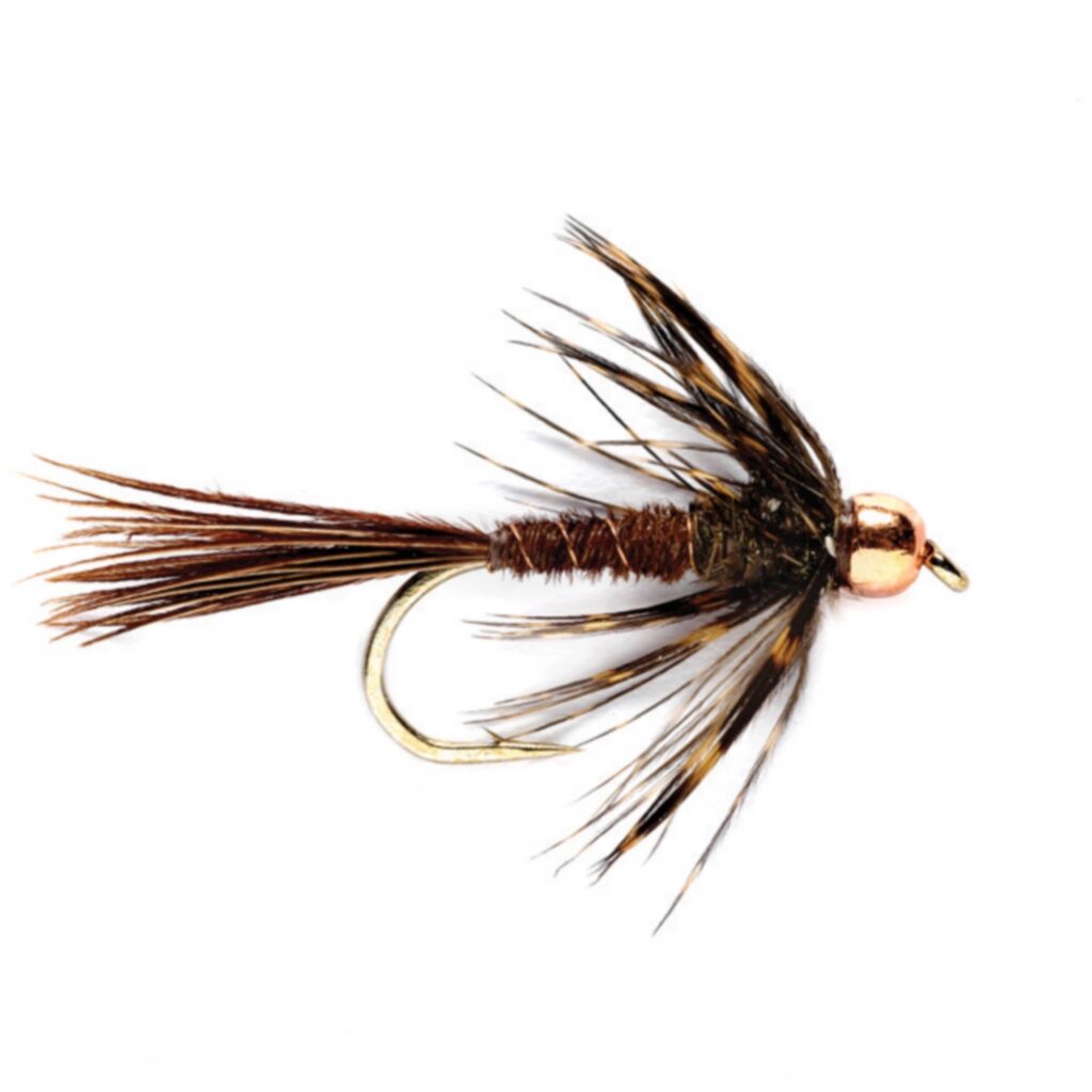 small brown fly with soft hackle and gold bead
