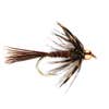 small brown fly with soft hackle and gold bead