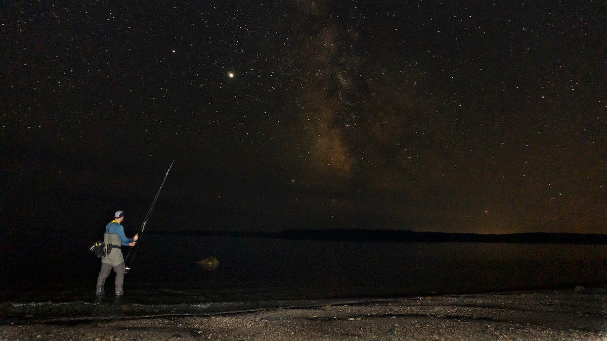 Striped bass angler fishing the shore under a full moon.