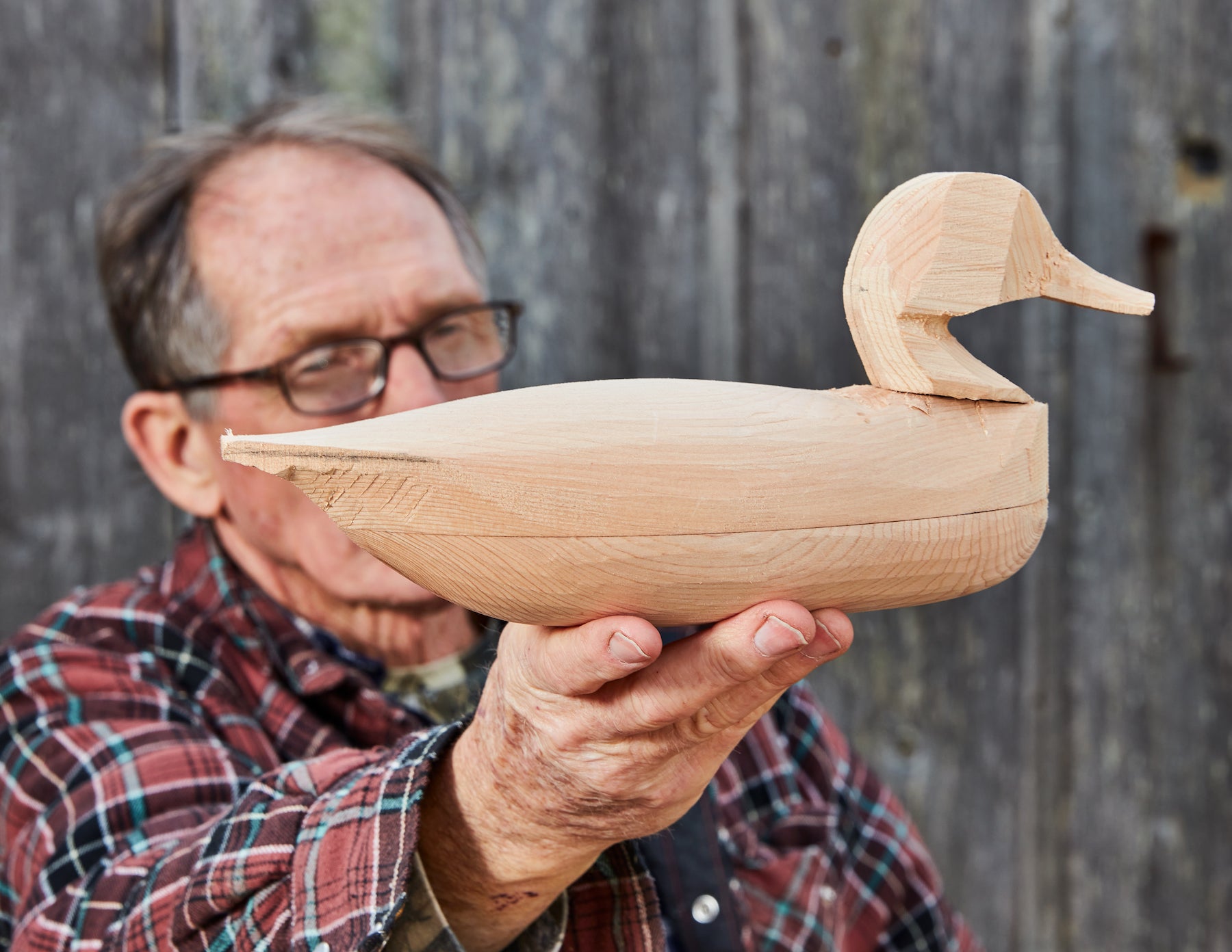 Decoy carver looks at half finished teal decoy made of wood.