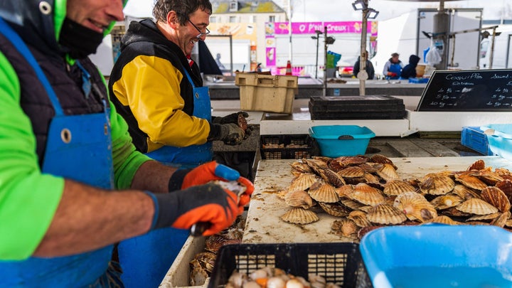 Fishermen shell scallops at fish market