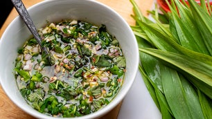 A bowl of chimichurri made from ramps.