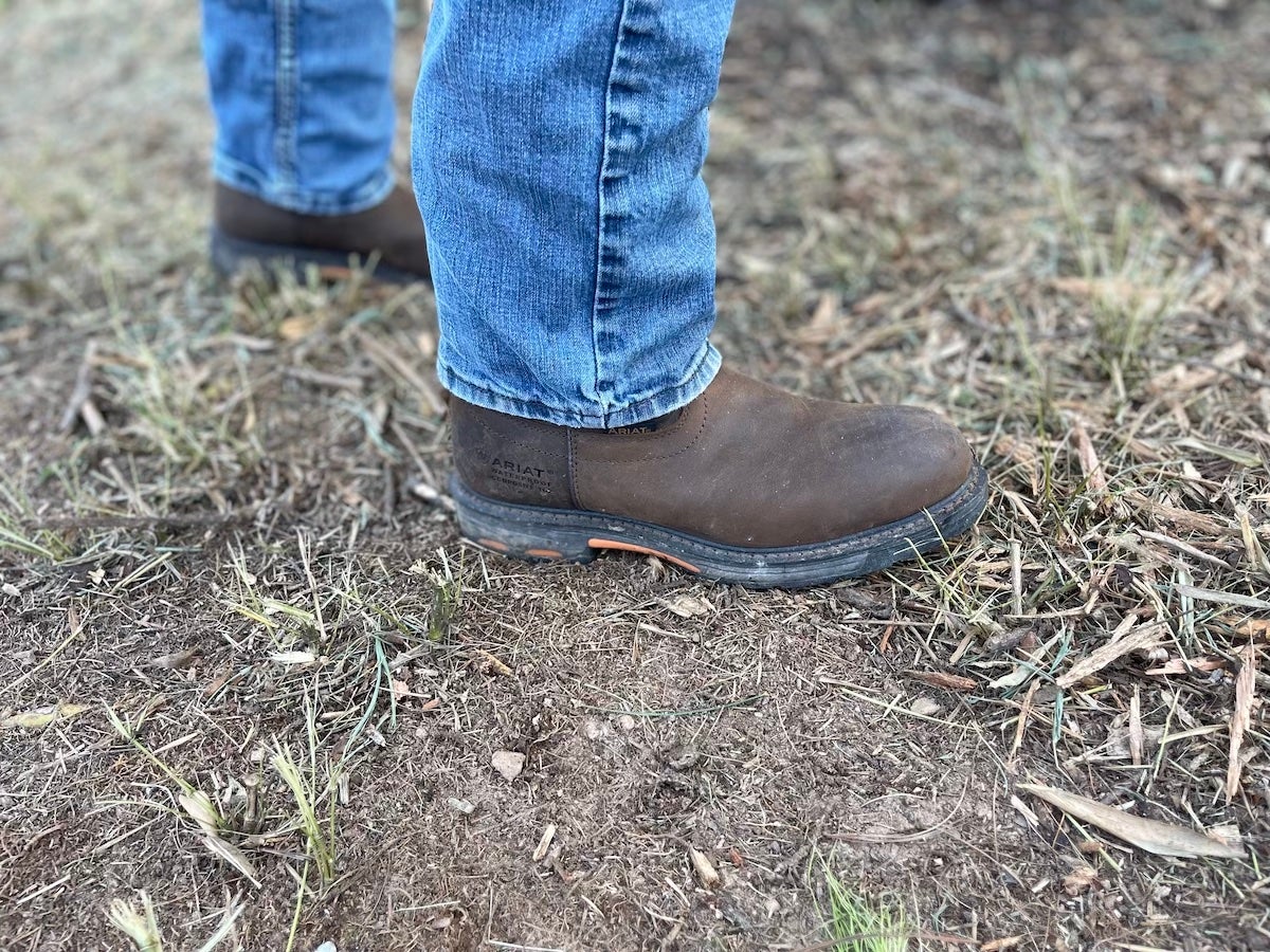 Man wearing Ariat WorkHog pull-on work boots on grass