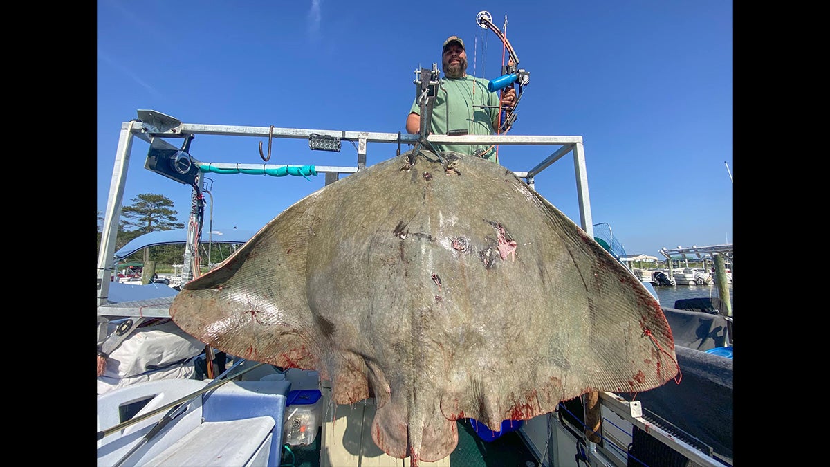 fisherman stands next to large butterfly ray