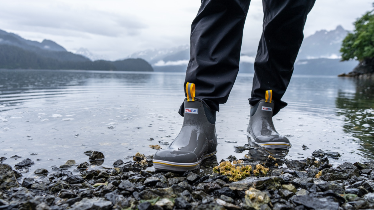 Man wearing Xtratuf Deck Boots on lake shore