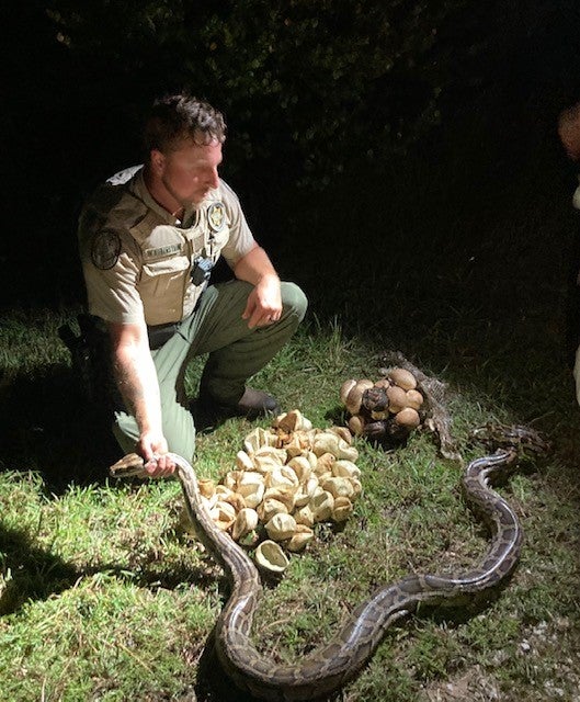 fish and game officer with python and egg