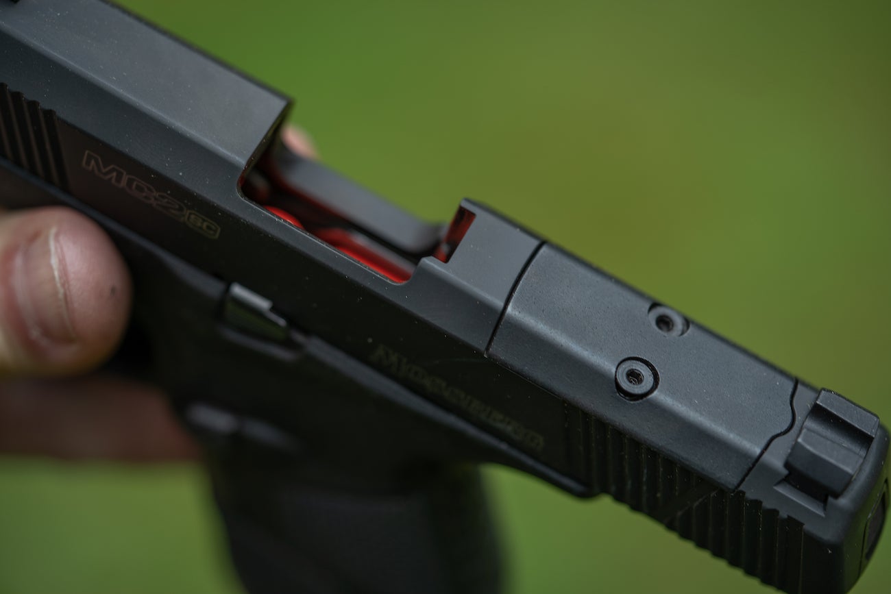 A slide cutout on a Mossberg MC2sc handgun.