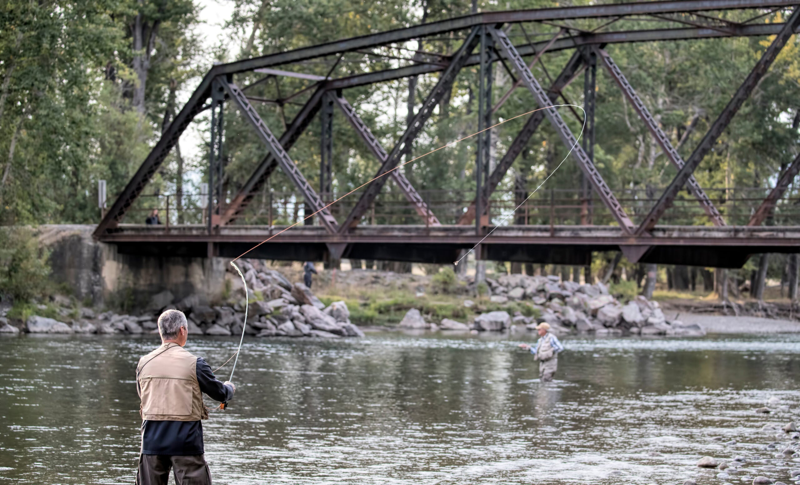 Scenic view of angler in action on the Gallatin River off of Highway 191.