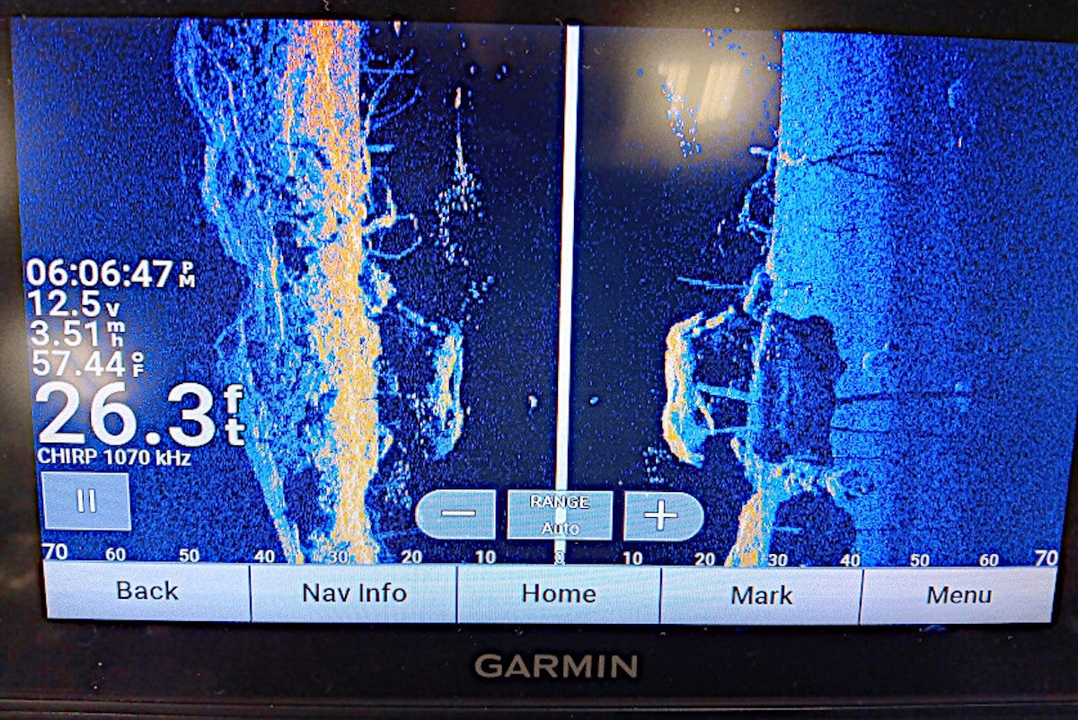 Close-up of Garmin Echomap UHD 93sv Fish Finder screen