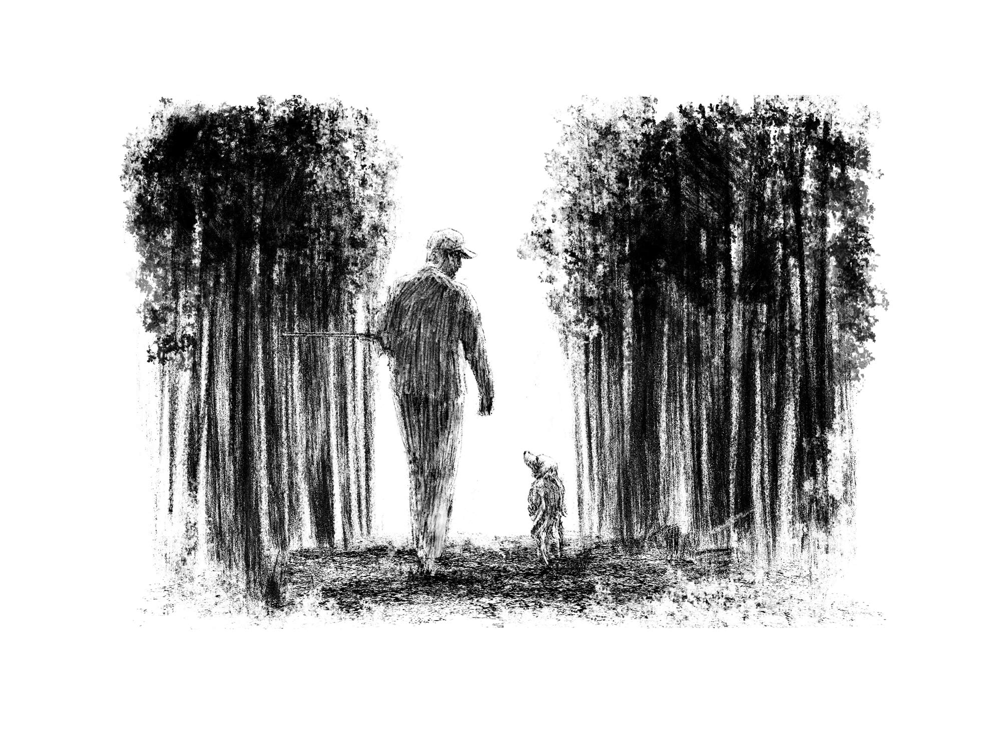 man and dog in woods illustration