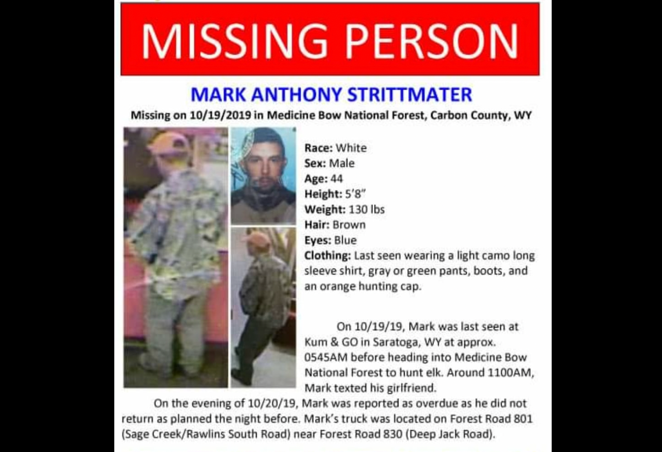 Mark Anthony Strittmater went missing while elk hunting in a blizzard in 2019. 