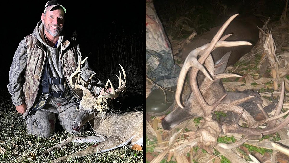 hunter poses with deer with two antlers stuck together