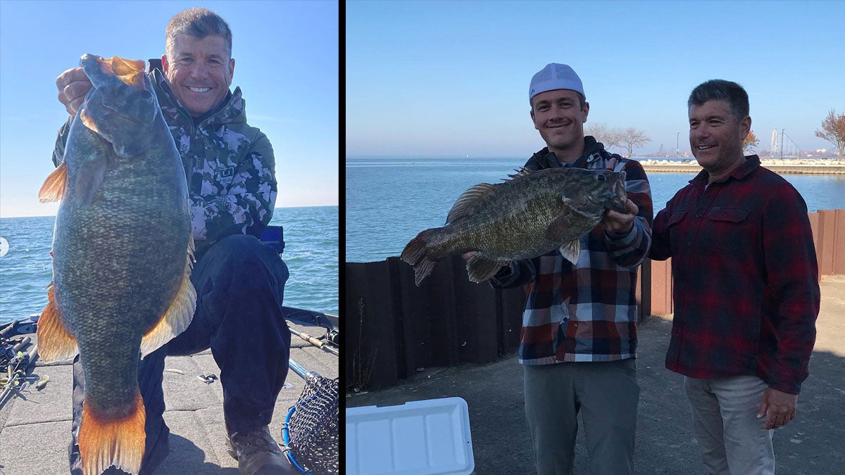 men pose with record smallmouth bass