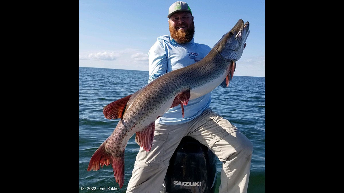 man in hat holds large muskie on boat
