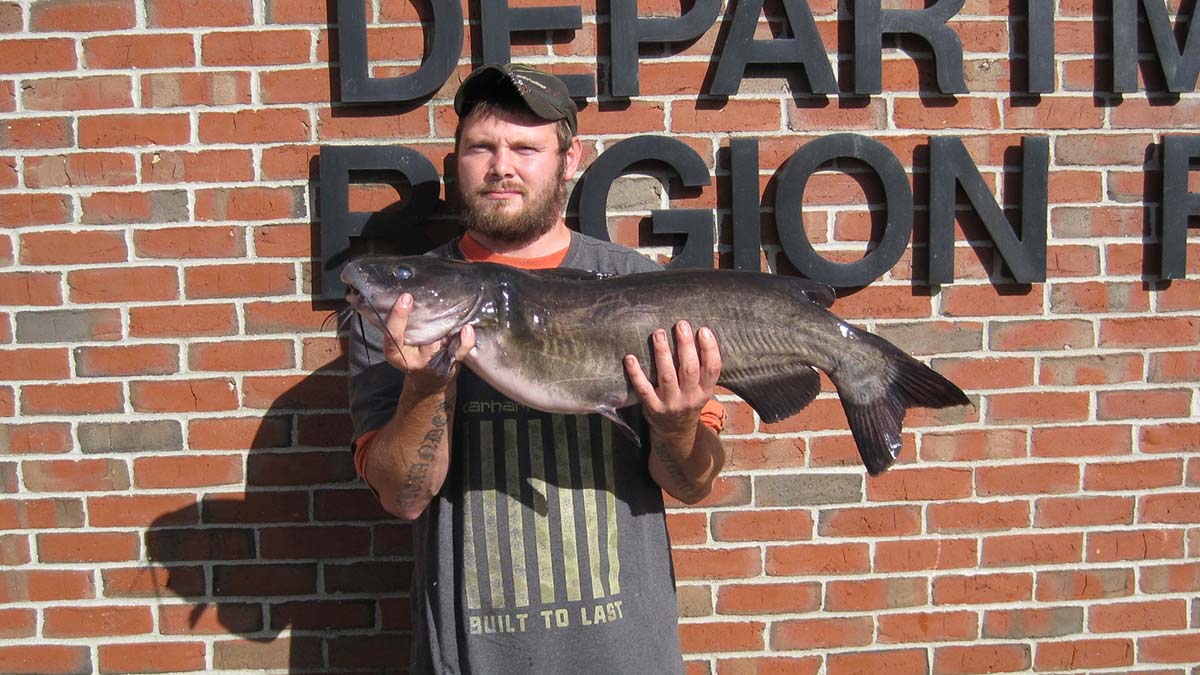 man holding record channel catfish.