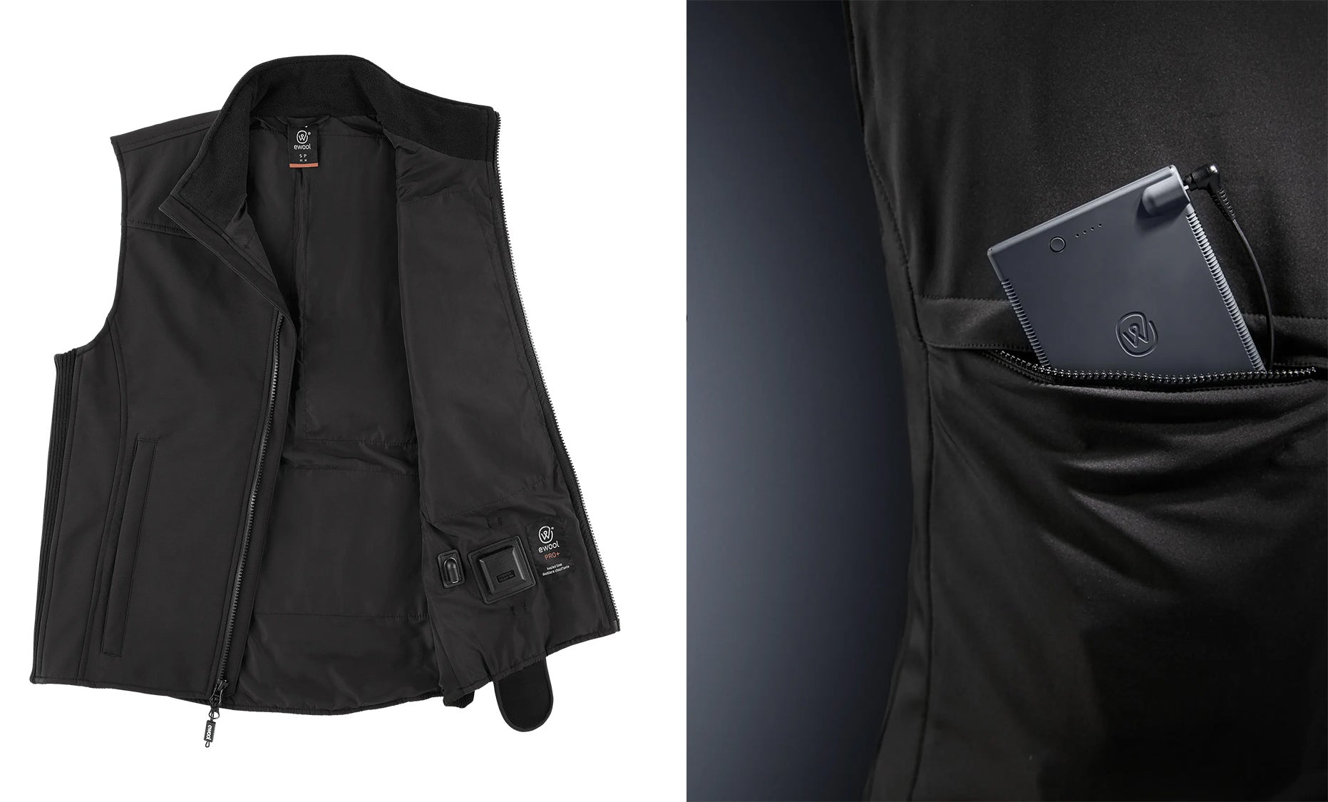 A black, battery-powered, heated vest on a white background, with inset of power pack