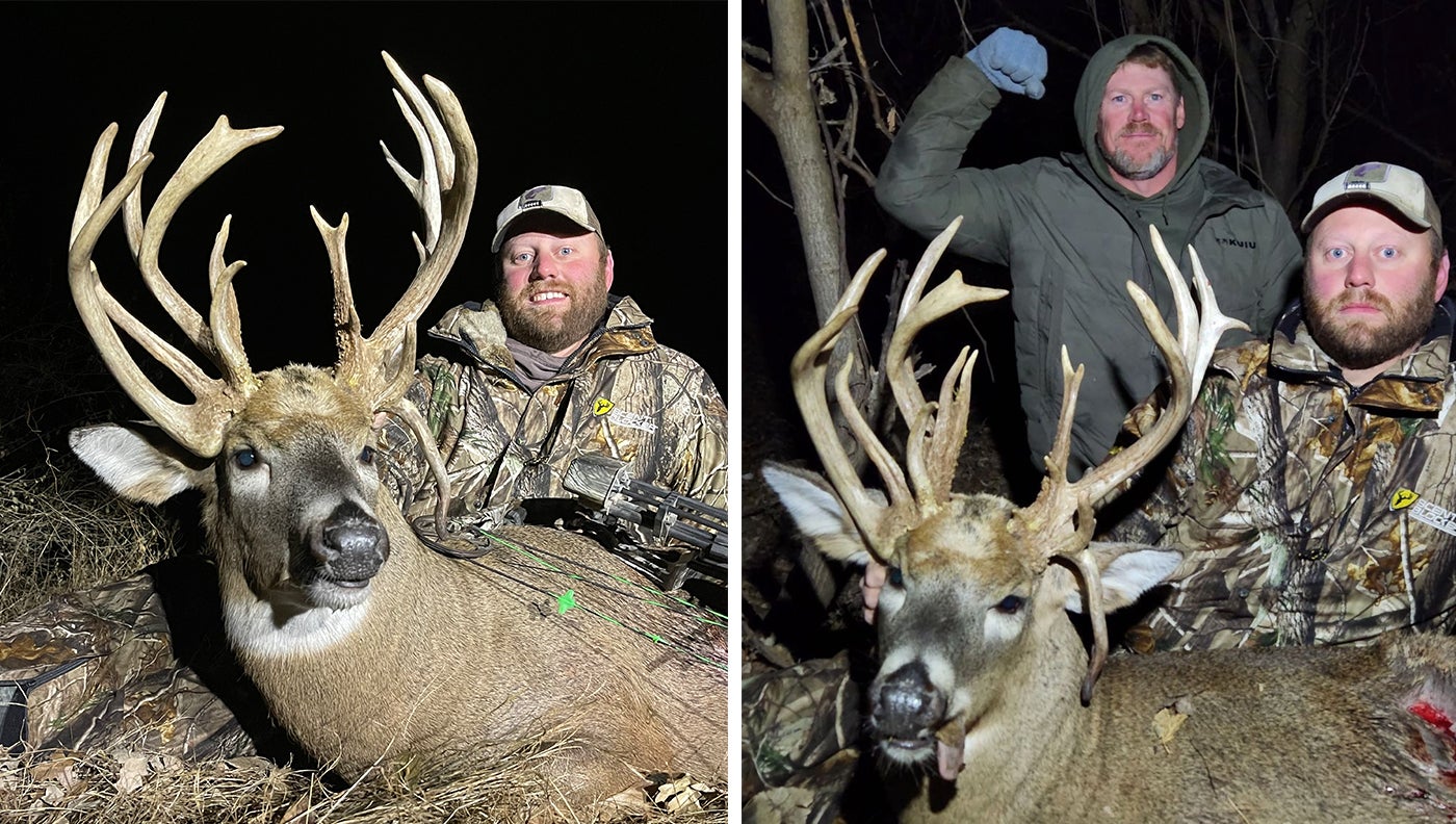 photo of hunters with huge buck