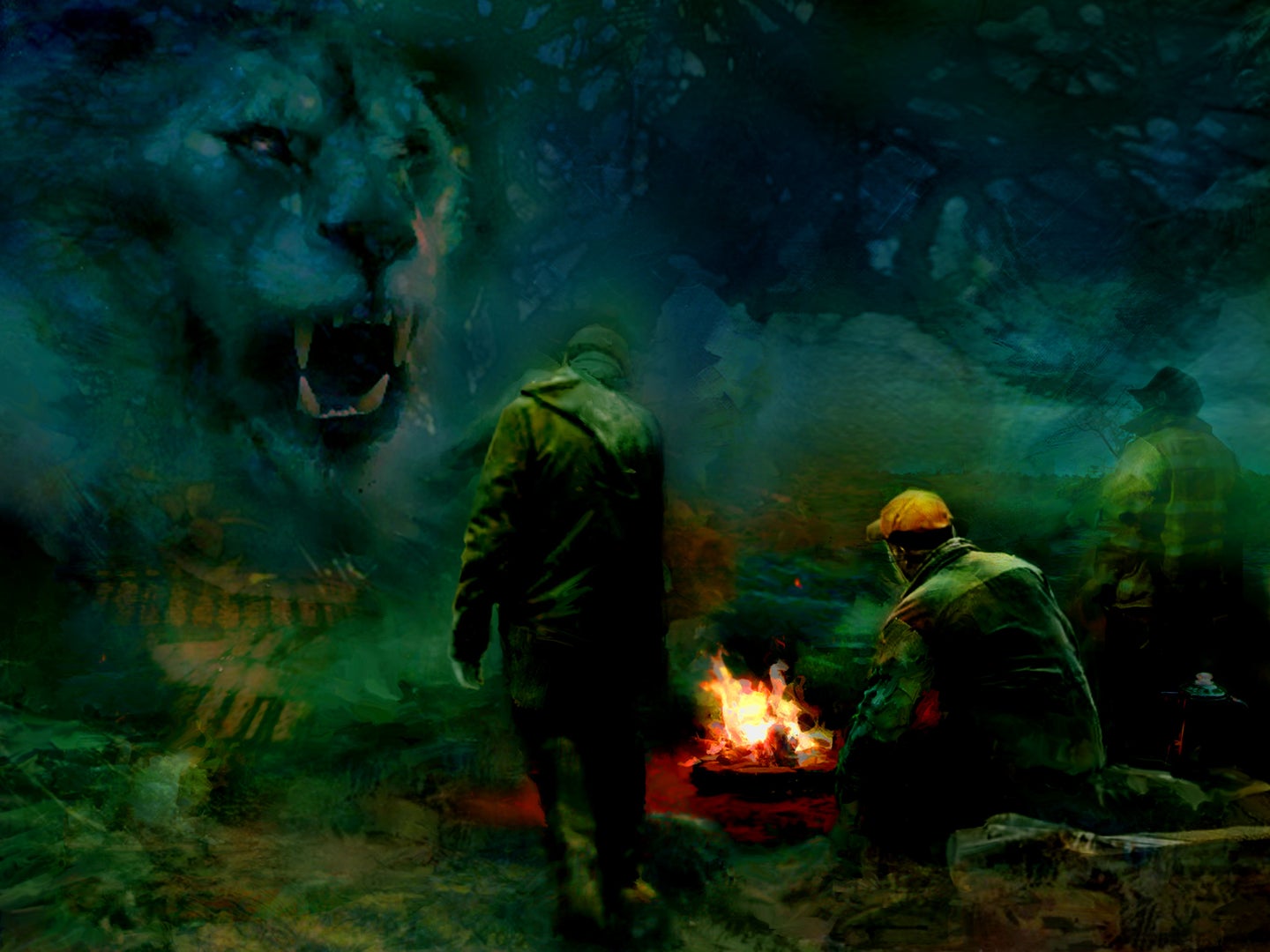 illustration of campfire, lion
