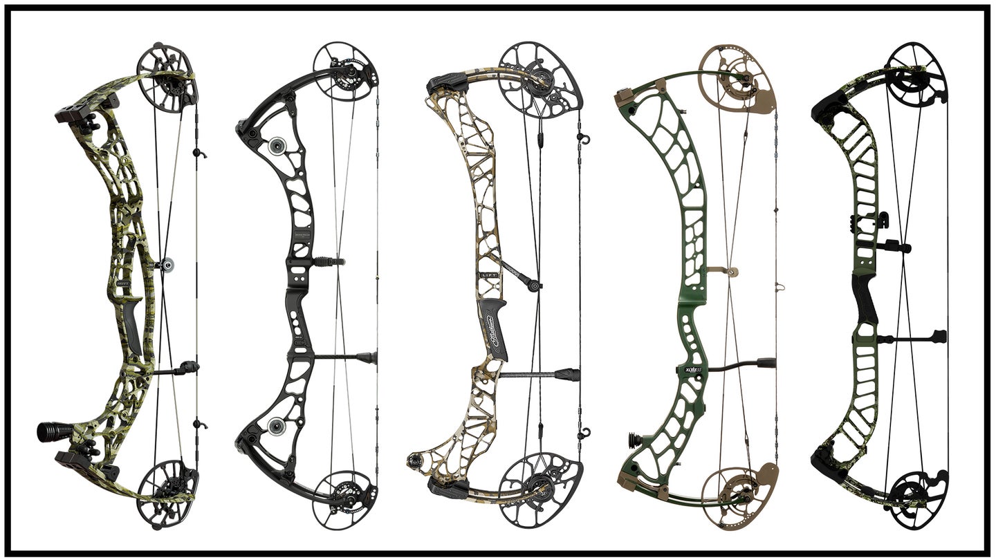 A selection of new compound bows for 2024 on a white background