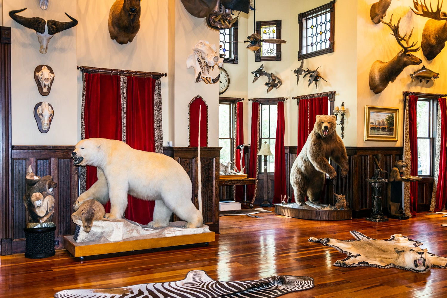 View of interior with taxidermied animals.