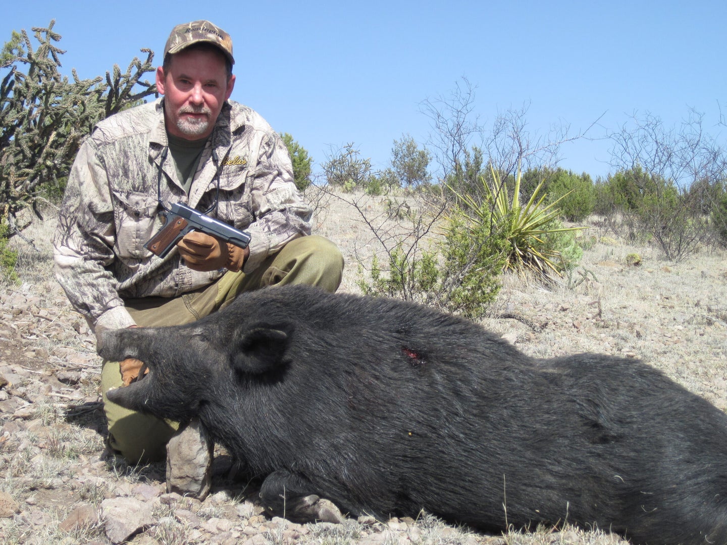 Man sitting next to a dead wild boar.