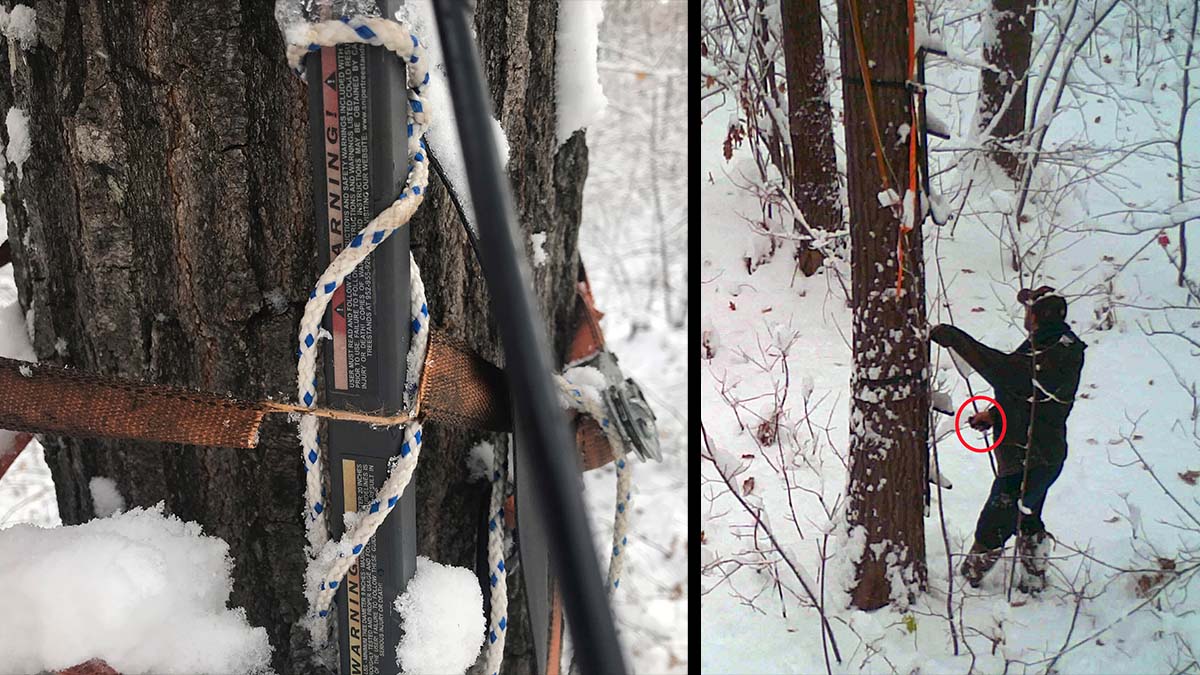 man cuts straps on tree stand