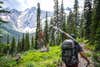 hiker carries crosscut saw down trail, snowy mountains in distance across valley