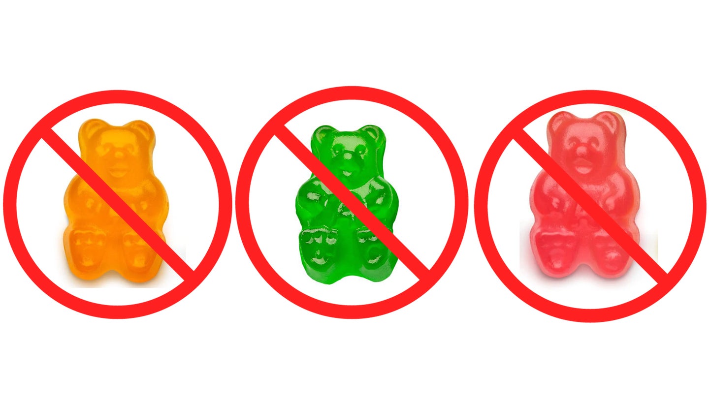 gummy bears with prohibited signs over them