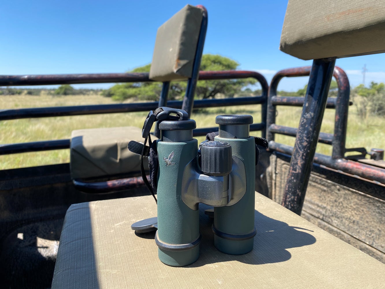 Binoculars on a truck seat.