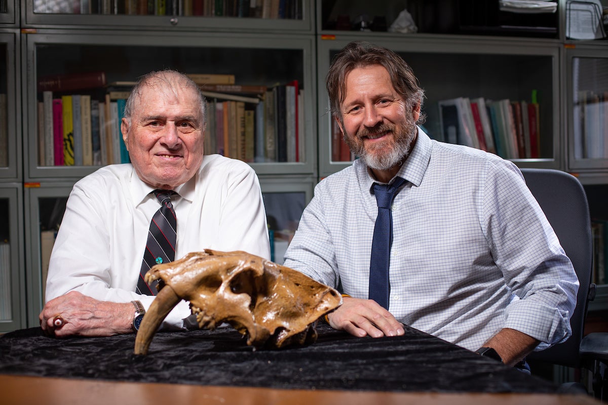 two researchers pose with sabertooth cat skull