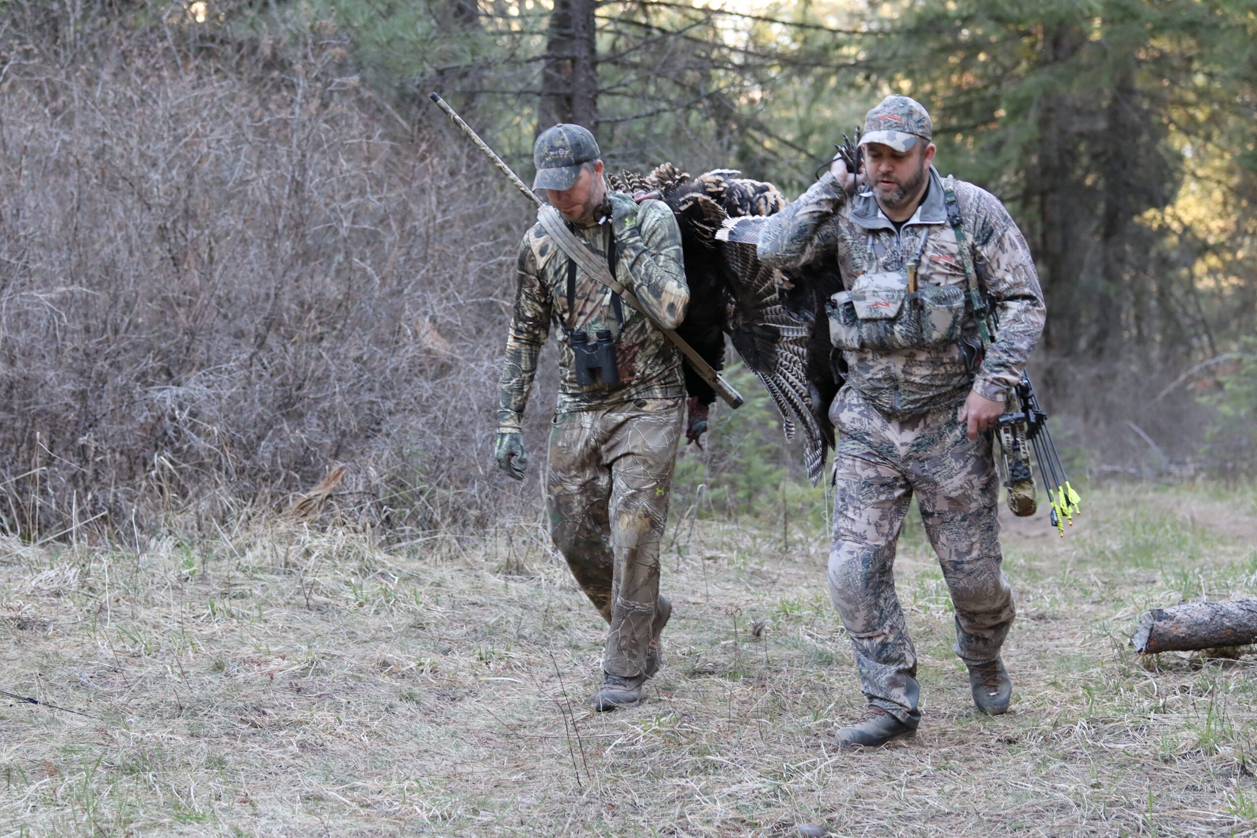 photo of hunters walking out with turkeys