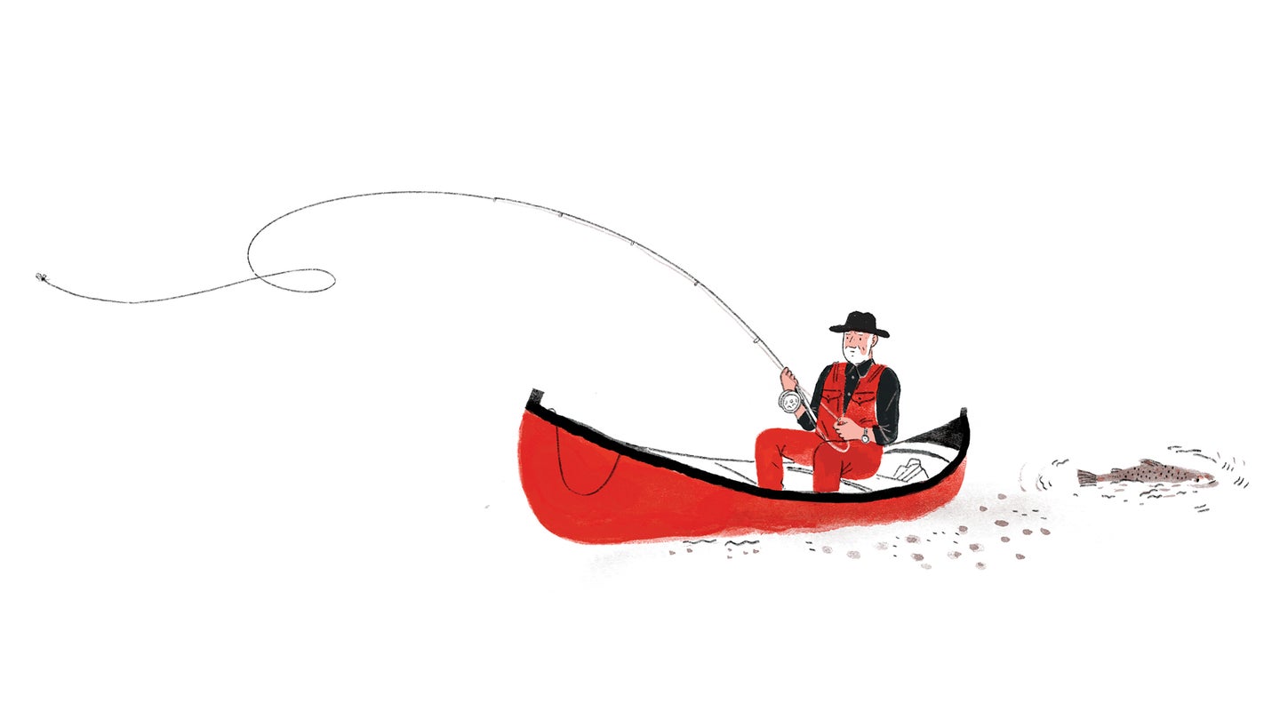 illustration of fisherman fly casting from canoe
